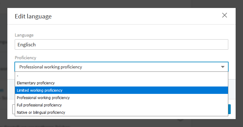 Elementary proficiency, Limited working proficiency, Professional working proficiency, Full professional proficiency, Native or bilingual proficiency