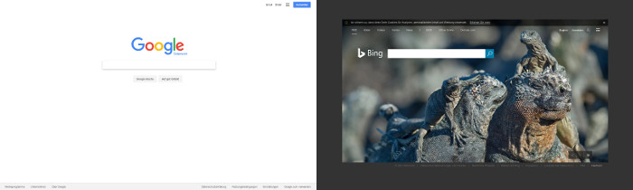 Startseiten der Suchmaschinen Google und Bing