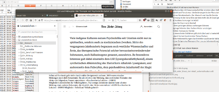 Website der Neuen Zürcher Zeitung in einem Desktopfenster, umgeben von anderen Programmfenstern mit deutlich kleinerer Schrift.