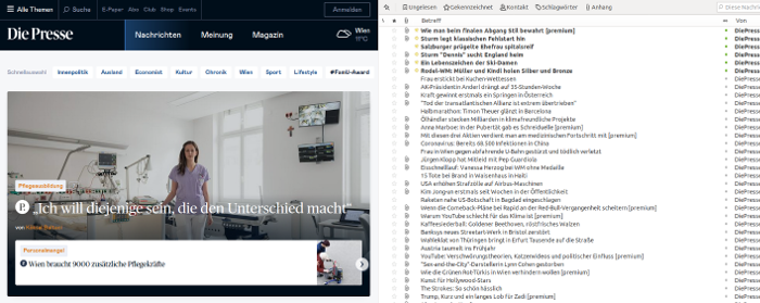 Links: Startseite von diepresse.com. Man sieht neben einem großen Foto nur zwei Schlagzeilen. Rechts: RSS-Feed von diepresse.com. Man sieht auf einer gleich großen Fläche 34 Schlagzeilen sauber untereinander aufgelistet.