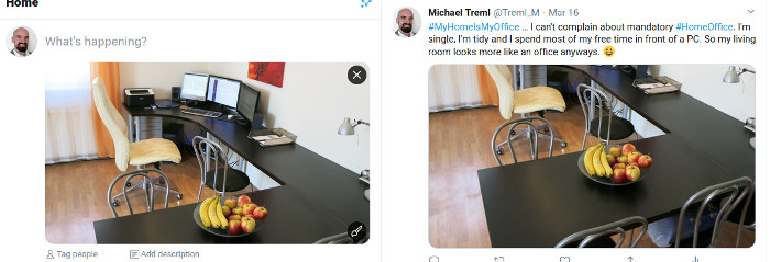 Links: Bildausschnitt zeigt nach dem Hochladen meinen PC-Arbeitsplatz. Rechts: Fertiger Tweet zum Thema Home-Office zeigt stattdessen nur einen Ausschnitt mit Obstschüssel.