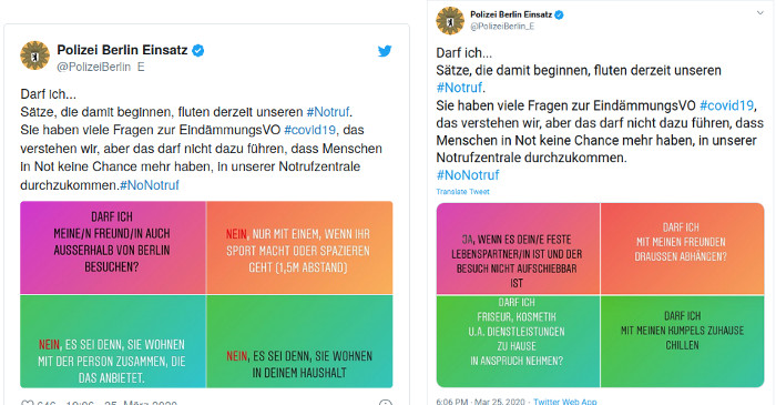 Links: Tweet der Polizei Berlin inkl. vier Bildausschnitte mit Texten – der erste stellt eine Frage, die anderen drei geben eine Antwort. Rechts: derselbe Tweet, aber der erste Bildausschnitt gibt eine Antwort, während die anderen drei eine Frage stellen.
