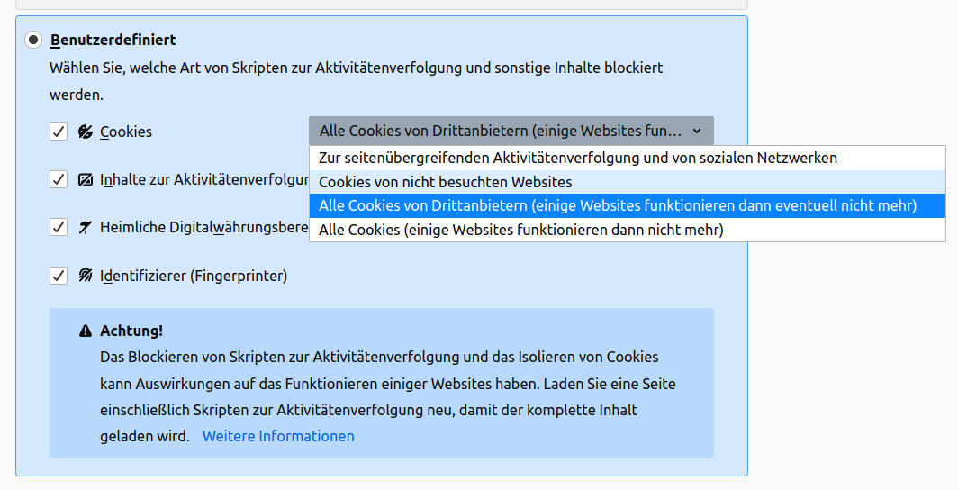 Menü im Browser Firefox, über das »Skripten zur Aktivitätenverfolgung und sonstige Inhalte« blockiert werden können. In einem ausgeklappten Dropdown-Feld ist folgender Punkt ausgewählt: »Alle Cookies von Drittanbietern (einige Websites funktionieren dann eventuell nicht mehr)«
