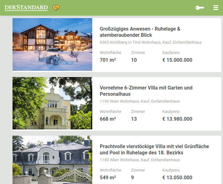 Screenshot von drei angebotenen Anwesen und Villen in der Größenordnung von 13 bis 15 Mio. EUR.