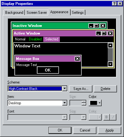Anzeigeeinstellungen in Windows 95.