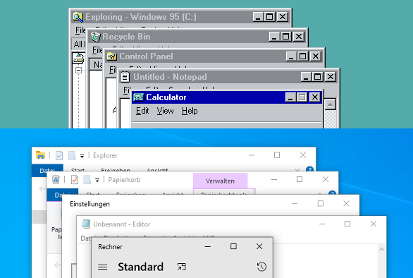 Screenshot von fünf gestapelten Fenstern mit Software, die von Windows mitgeliefert wird (Explorer, Papierkorb, Einstellungen, Editor und Rechner) – einmal in Windows 95 und einmal in Windows 10.