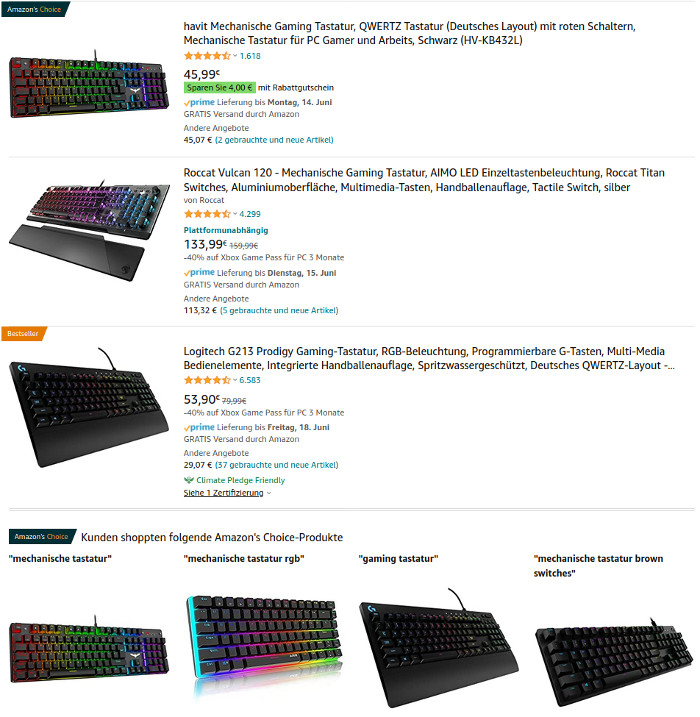 Screenshot aus Amazon-Suche mit einer Übersicht bunt beleuchteter Tastaturen.