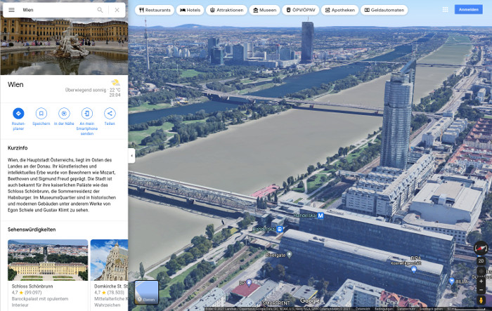 3D-Ansicht der Stadt Wien mit eingeblendeten Informationen zur Stadt an sich, Geschäften etc.