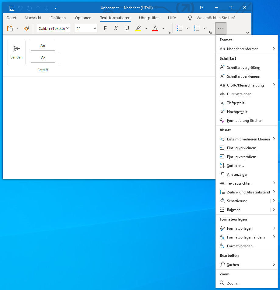 Neue E-Mail in Outlook. Der größte Teil des Ribbons »Text formatieren« wird aus Platzgründen in ein klassisches Menü mit 22 Einträgen ausgelagert.